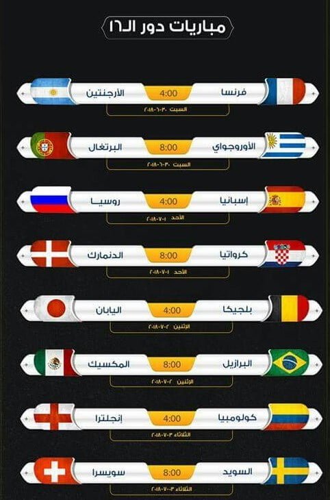 مباريات دور الـ 16 فى كأس العالم ومواعيدها